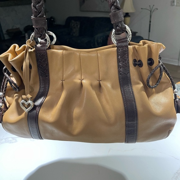 BRIGHTON Leather Shoulder Bag, Braided handles, Camel with brown trim - Picture 9 of 14